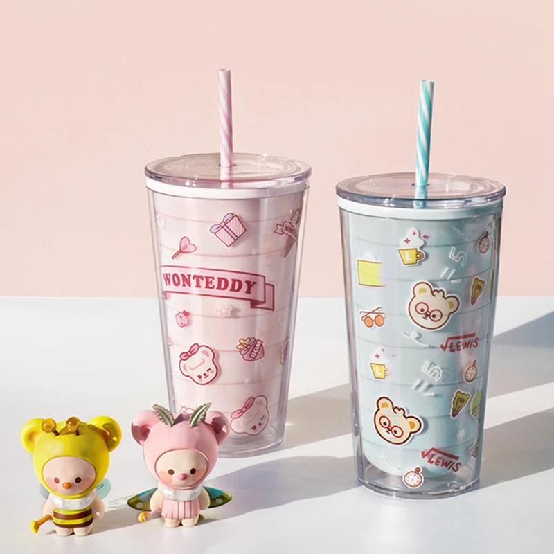 600ML Teddy Cute Straw Cup Girl Heart Cup Cartoon Children Adult Acrylic Drinking Water Cup For Travel Drinkware Cup