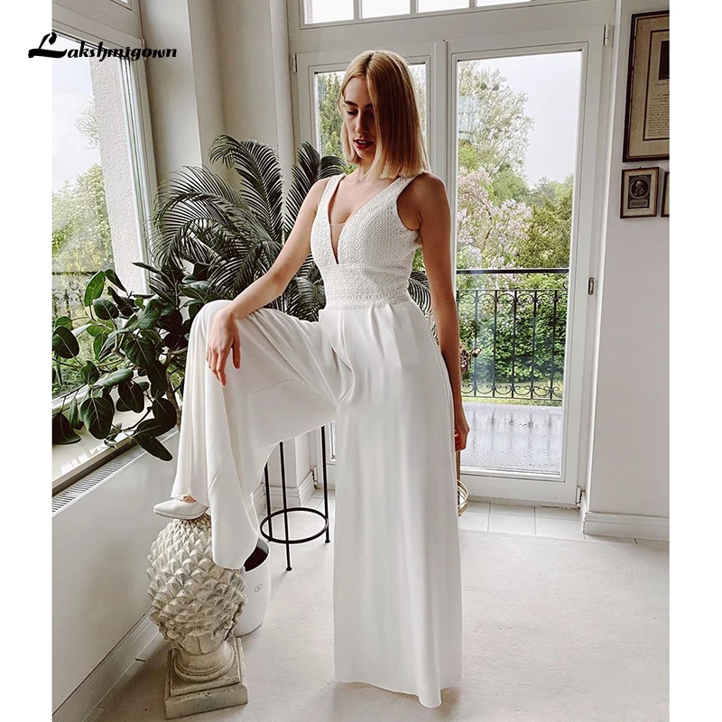 Mono De encaje para mujer, vestidos De Novia blancos, traje De boda para playa, vestidos De Novia bohemios con cuello en V, vestidos De Novia 2022