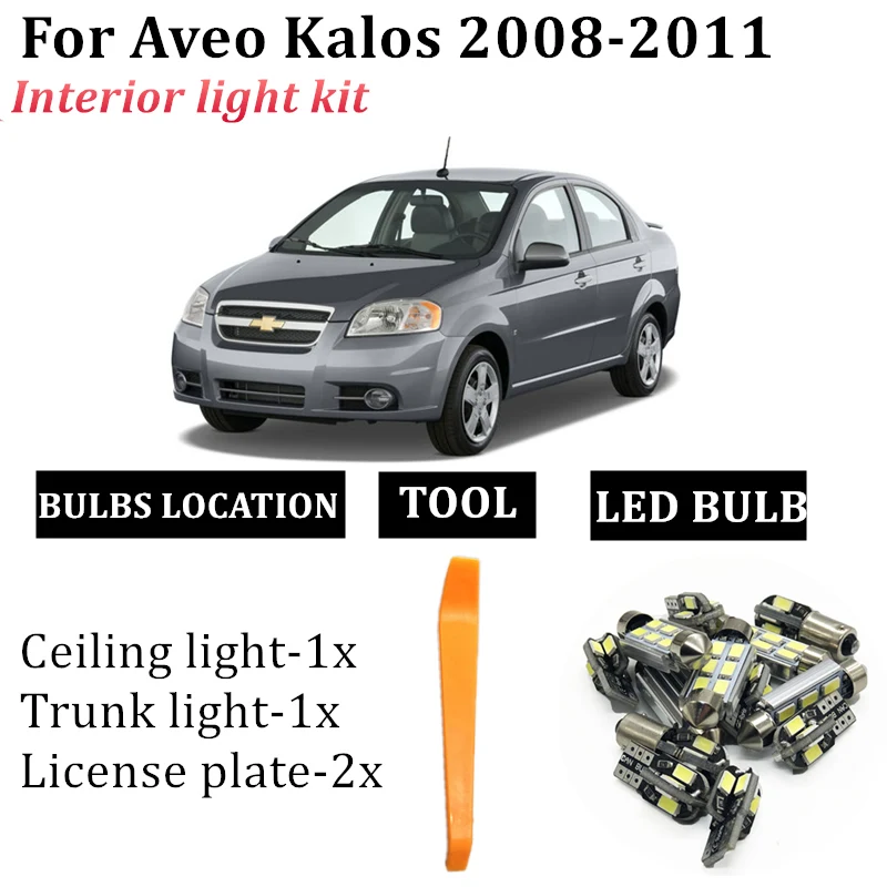 For Chevrolet Aveo Kalos T200 T250 T255 2008-2011 Car LED Bulbs Kit Interior Dome Reading Lamps Trunk Light Accessories