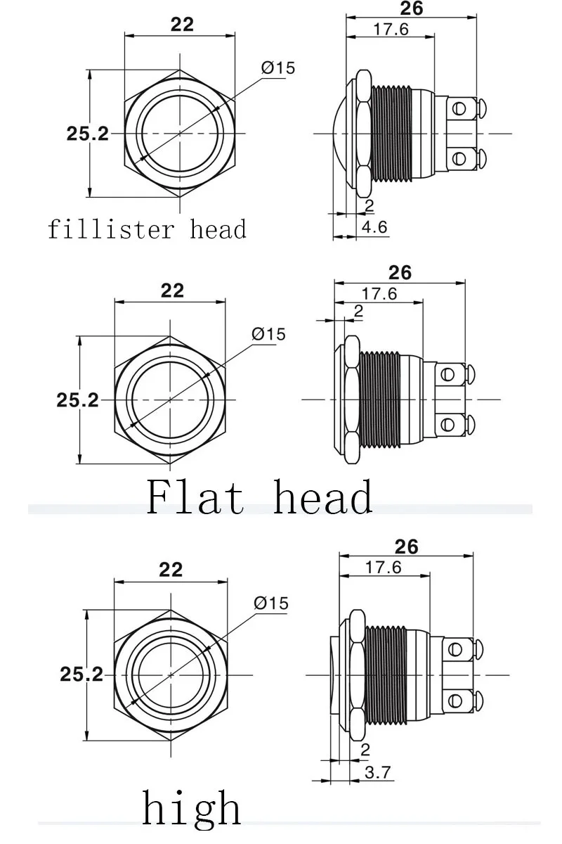 Joli momentané à tête plate haute, Cristal étanche, bouton poussoir en métal, borne à vis, sonnette de moteur de voiture, interrupteur