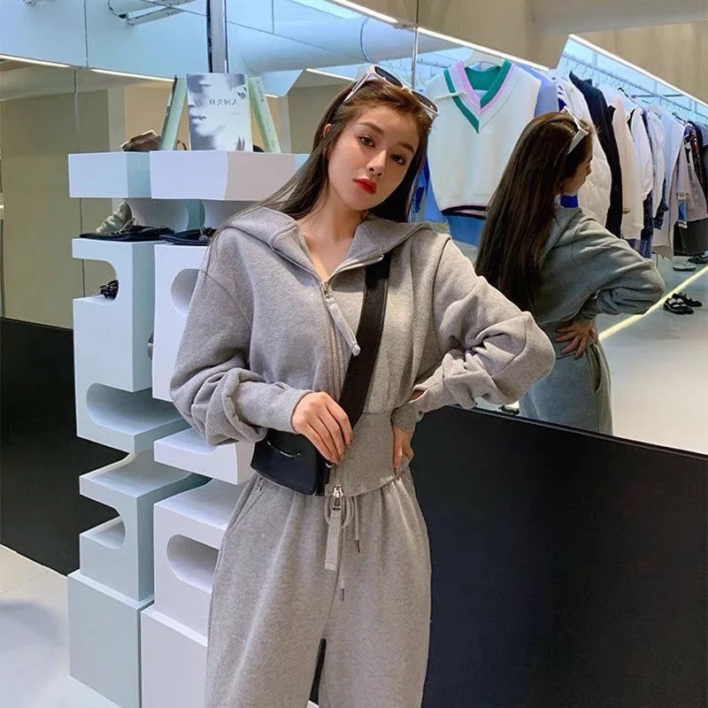 Pant Sets Women Casual Elastic Waist Cropped Hooded Pleated Solid Summer 2021 New Chic Fashionable Korean Style Ladies Outfit