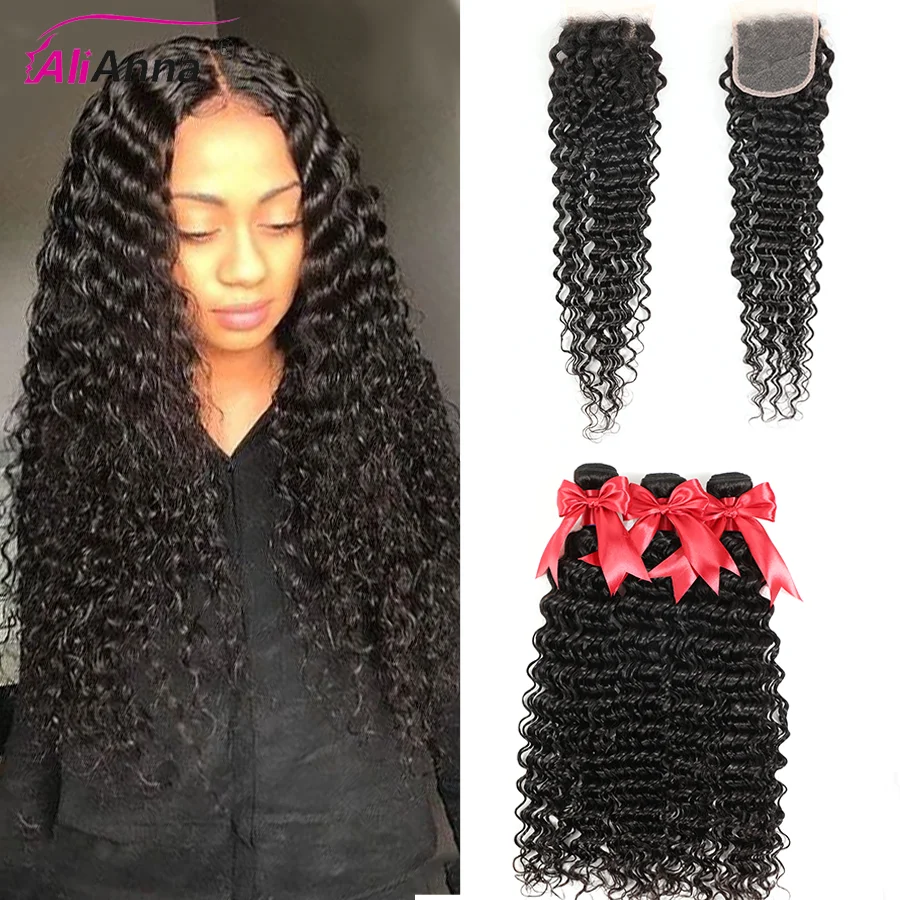 Deep Wave Bundles With Closure Malaysian Hair Weave Bundles With 5X5 Lace Closure Remy Human Hair 6x6 Closure 30 Inch Bundles