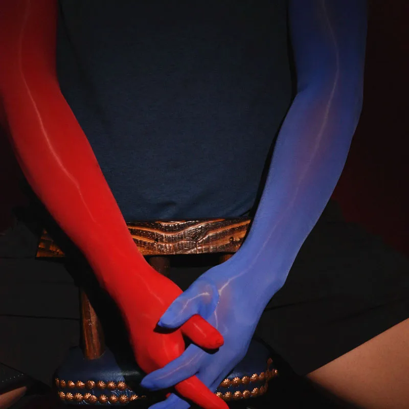 Men Sissy Cross Dress Fetish Wear Elasticity Seamless Oil Glossy Ultrathin Transparent Silky Five Fingers Separated Long Gloves