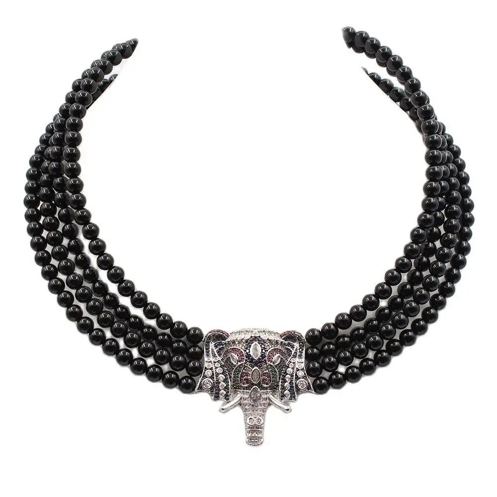 

GuaiGuai Jewelry 18''-21'' 4 Rows Onyx Necklace CZ Pendant