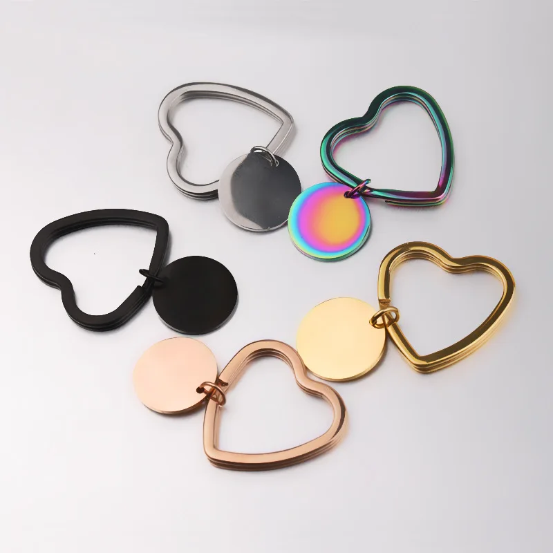 20pcs 5color 4size New mirror polished stainless steel key ring round hangtag peach heart smooth surface lettering Pendant