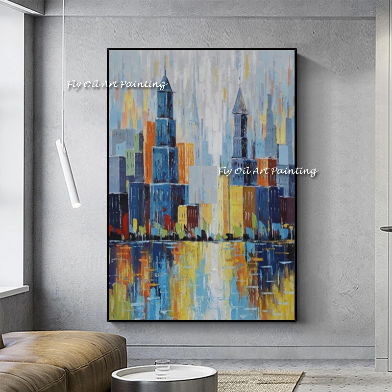 

The Busy City View Landscape Shadow Handmade Modern Oil Painting Colorful Abstract Porch Wall Art Decor For Living Room Gift
