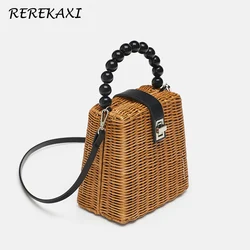 Mini Rattan Women's Handbag Handmade Straw Beach Bag Wicker Woven Bohemia Summer Female Shoulder Crossbody Bags Beaded Tote