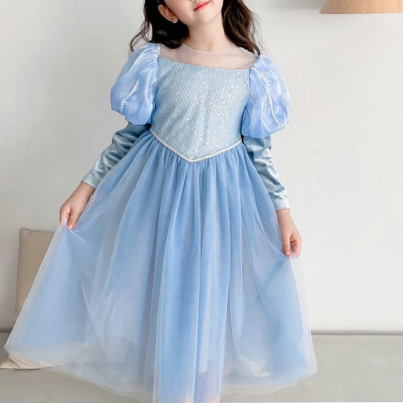 Fall Autumn Girls\'  Princess Dress Puff Sleeves Birthday Dress Sequins Shiny Outfits Performance Costume Kids Children\'S Clothes