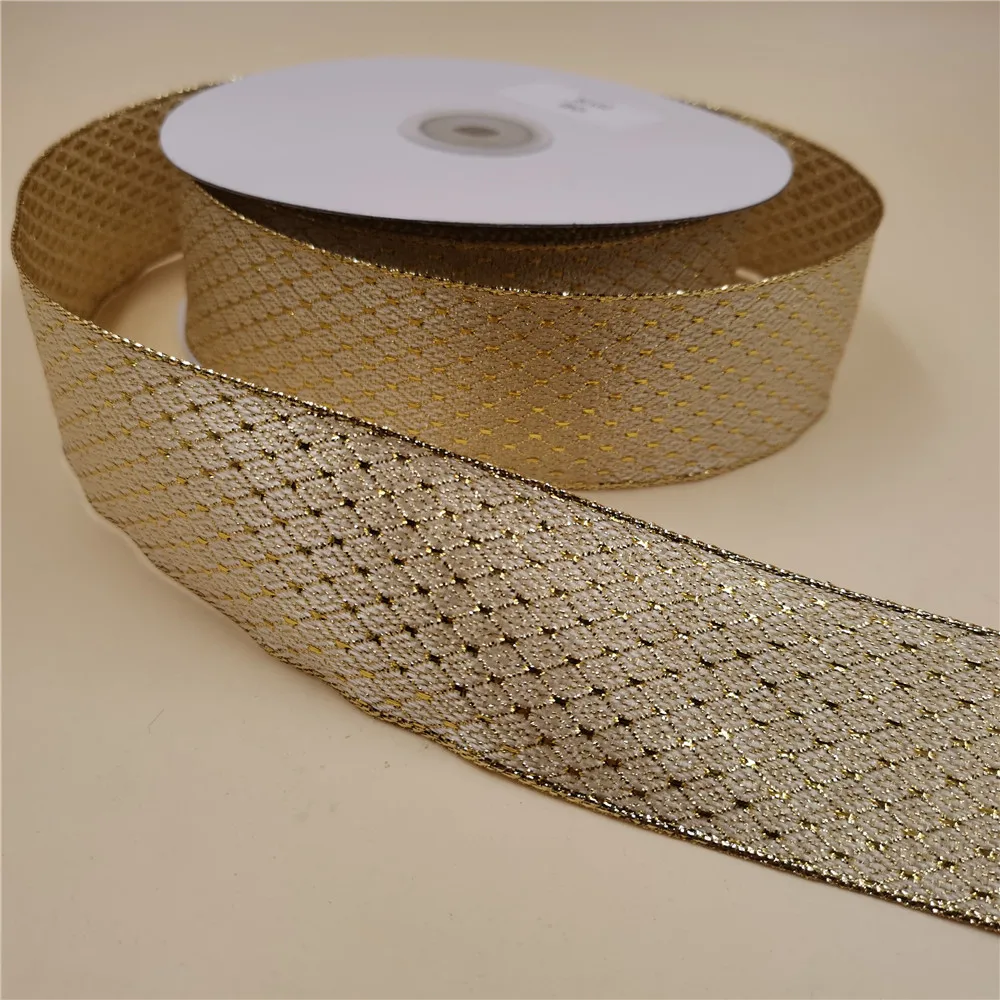 38MM 25yards Wired Edge Golden Lurex Metallic Ribbon for Festival Christmas Decoration New Year Gift Wrapping