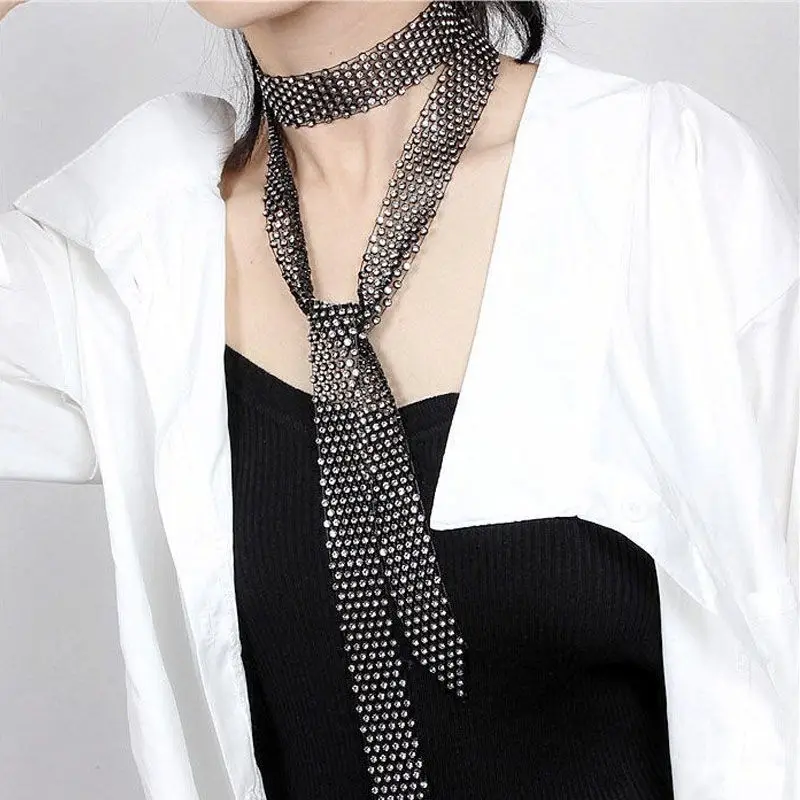 Summer  Black Long Sharp Corner Rhinestone Scarf  Korean Female Social Sailor Dance  Necktie Multifunction Bow Trendy Belt P7