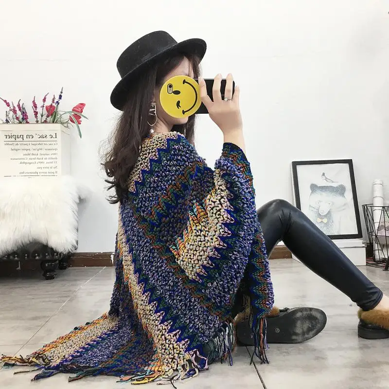 Swyivy Pullover Women Knitting Poncho Capes Autumn New 2020 Female Fashion Bohemian Poncho Cloak Tassel Winter Clothing