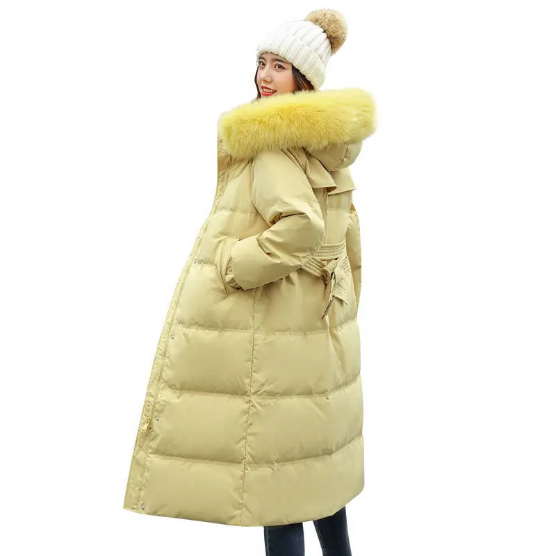 Nice Pop Women Coat Winter Faux Fox Fur Collar White Duck Female Jacket Hooded Belt Solid Warm Coat Veste Thick Parka Outerwear