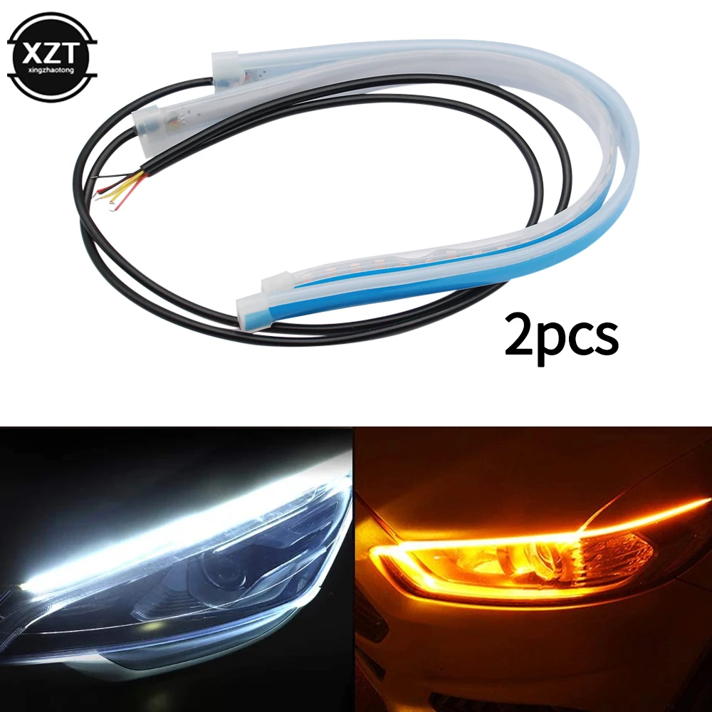 New 2pcs Led DRL Car Daytime Running Lights Universal Styling Headlight Strips Flexible Waterproof Auto Turn Signal Yellow Brake