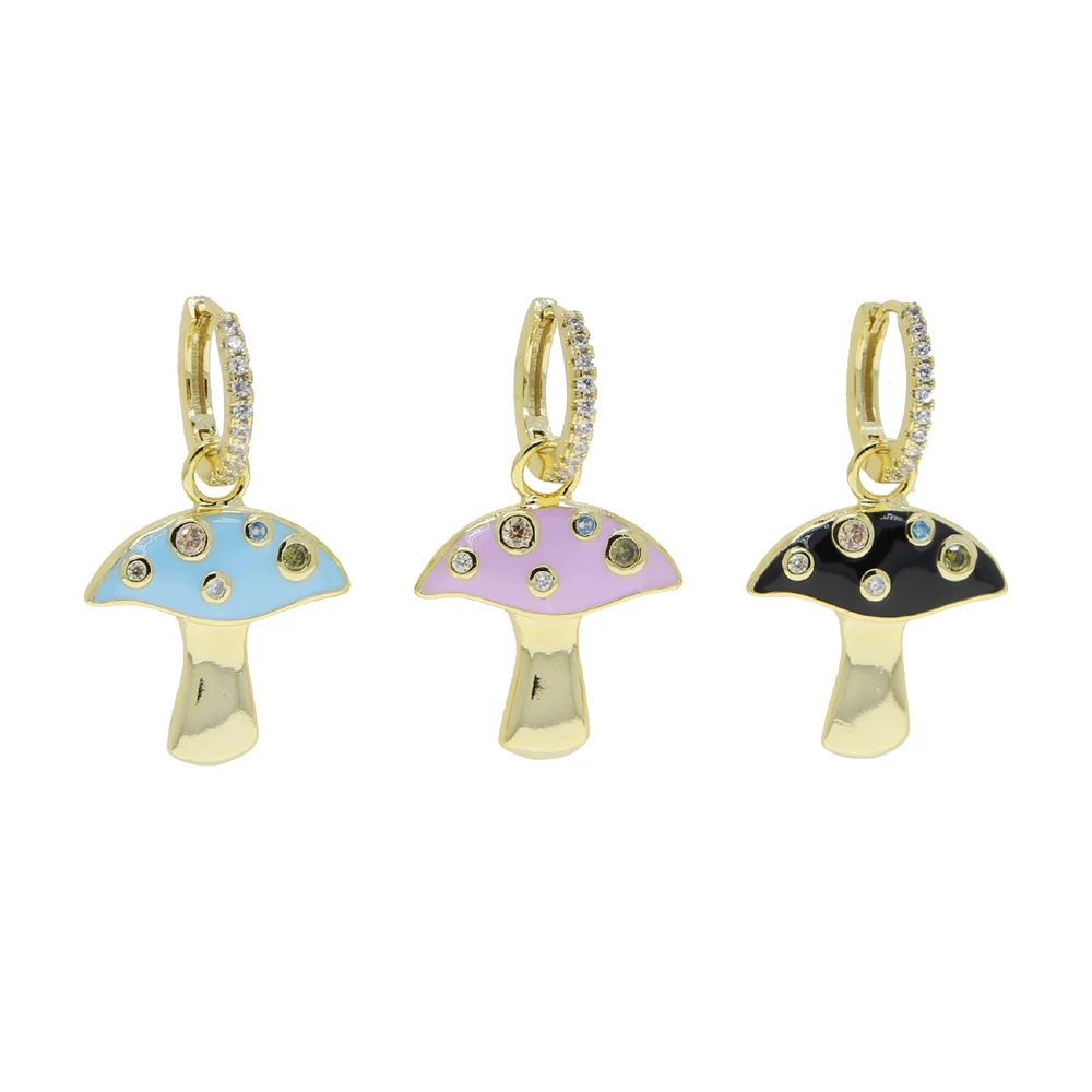 Colorful Enamel Rainbow cz Mushroom Charm Dangle Earring Two Way Used Cz Circle Drop Fashion Women Jewelry