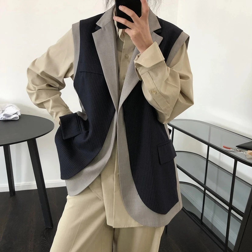 Phụ Nữ Mới Tất Cả-Phù Hợp Với Áo Vest Blazer Giả Hai Hàn Quốc Sọc Khâu Thiết Kế Thời Trang Nữ Cao Cấp Áo Khoác