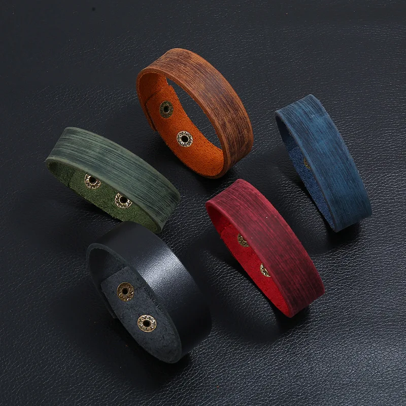 MKENDN Minimalism Punk Vintage Black Brown Genuine Wide Leather Bracelet for Men Women Adjustable Buckle Bracelet & Bangle Gifts image 3