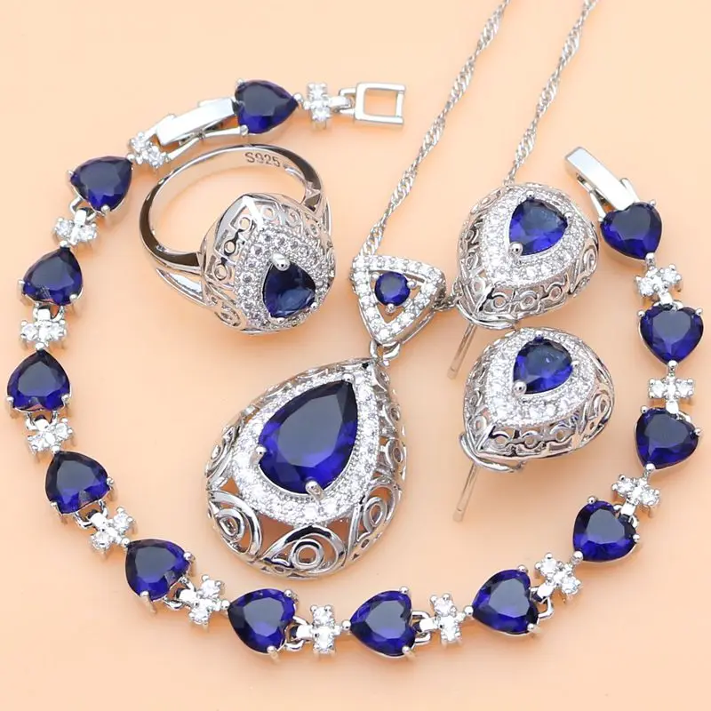 Hyperbole Blue Sapphire White CZ 925 Silver Jewelry Sets for Women Party Drop Earrings Pendant Rings Bracelet Necklace Set