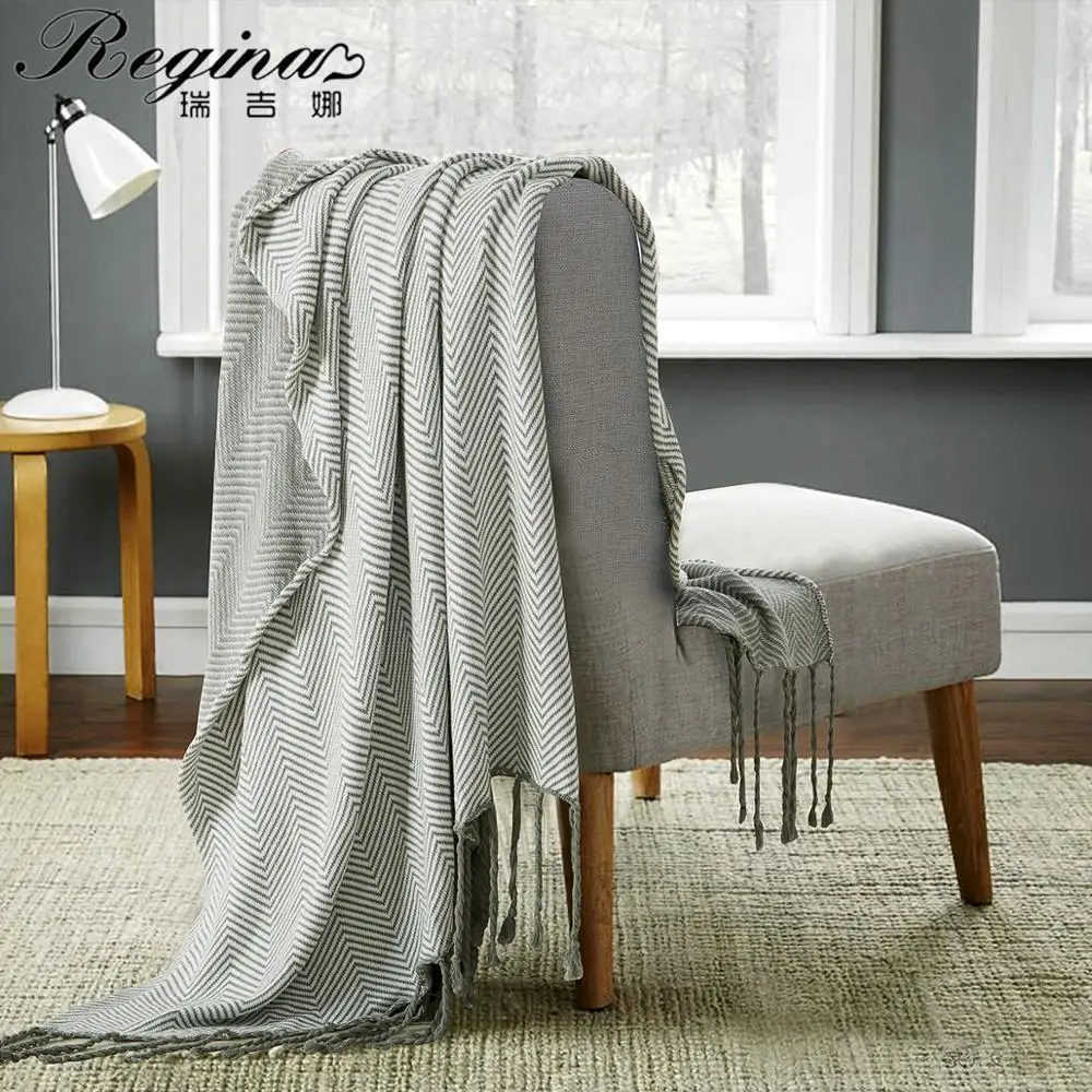 REGINA Wave Stripe Knit Texture Throw Blanket Brown Gray Fringes Crochet Cotton Breathable Sofa Bed TV Travel Wearable Blankets