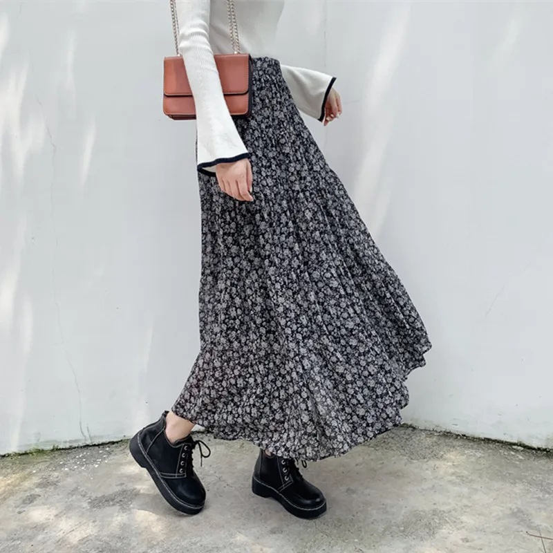 

2024 Summer Women Bohemian beach skirt Chiffon printed skirt Spring Pleated Ruffle Maxi Floral skirts