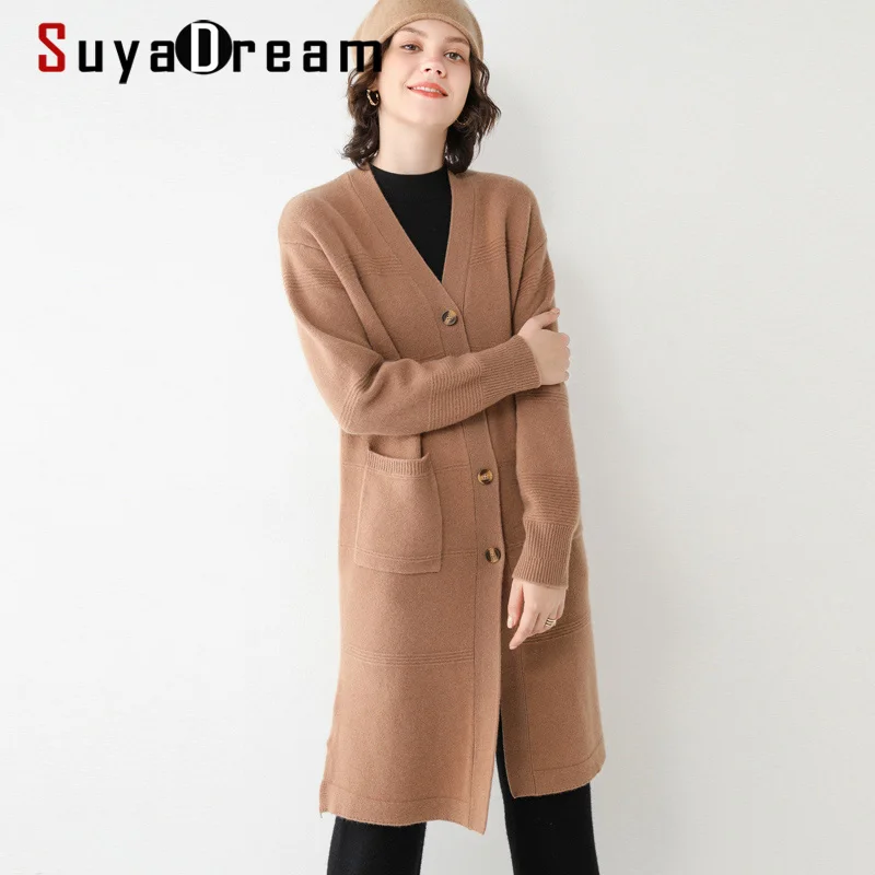 Suyadream 100% lã longcardigan gola v manga comprida, casacos femininos de malha gola v gola alta outono inverno 2020