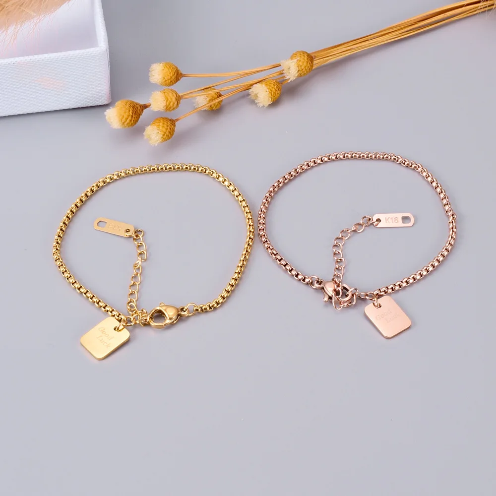 YUN RUO Yellow Gold Color Good Luck Square Bracelet Snake Chain Woman Birthday Gift 316L Titanium Steel Jewelry Not Change Color