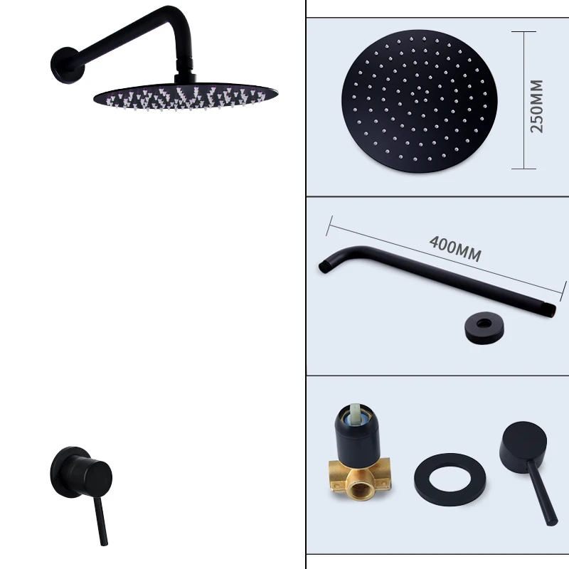 Zwarte Ronde Regendouche Ultradunne 10 Inch Rvs Badkamer Muur Gemonteerde Douche-Arm Regendouche Kraan Set