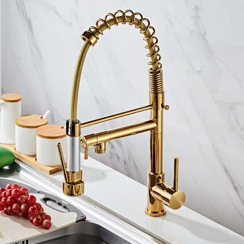 Kitchen Faucet Gold/Black/Chrome Soild Brass Hot & Cold Sink Mixer Tap Double Handle Rotating Pull-Down Spring Type Copper