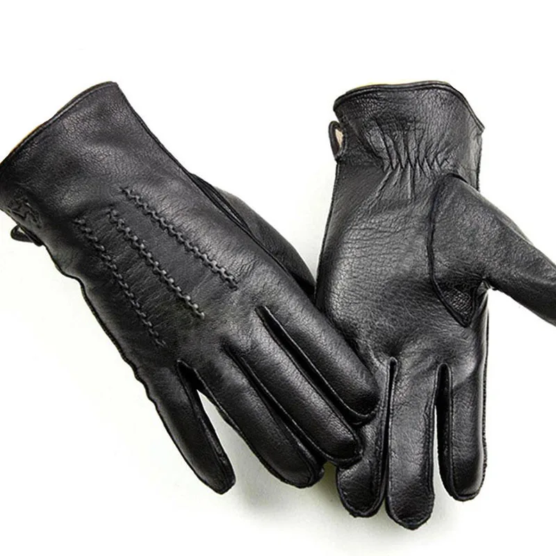 Guantes de piel de venado gruesos y cálidos para hombre, moda de cuero, estilo de costura exterior Simple, forro de franela, puntos de lana finos,