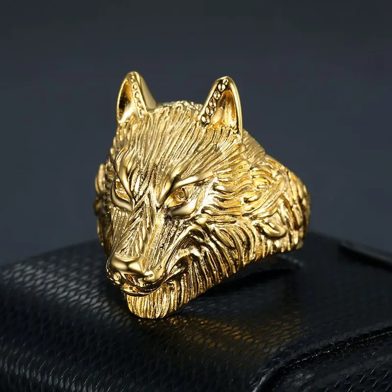 dropship viking wolf Gold color 316L stainless steel ring 316L titanium steel men personlaity animal nordic popular jewelry gift