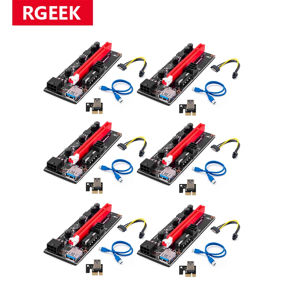 RGEEK 6pcs VER009 USB 3.0 PCI-E Riser VER 009S Express 1X 4x 8x 16x Extender Riser Adapter Card SATA 15pin to 6 pin Power Cable