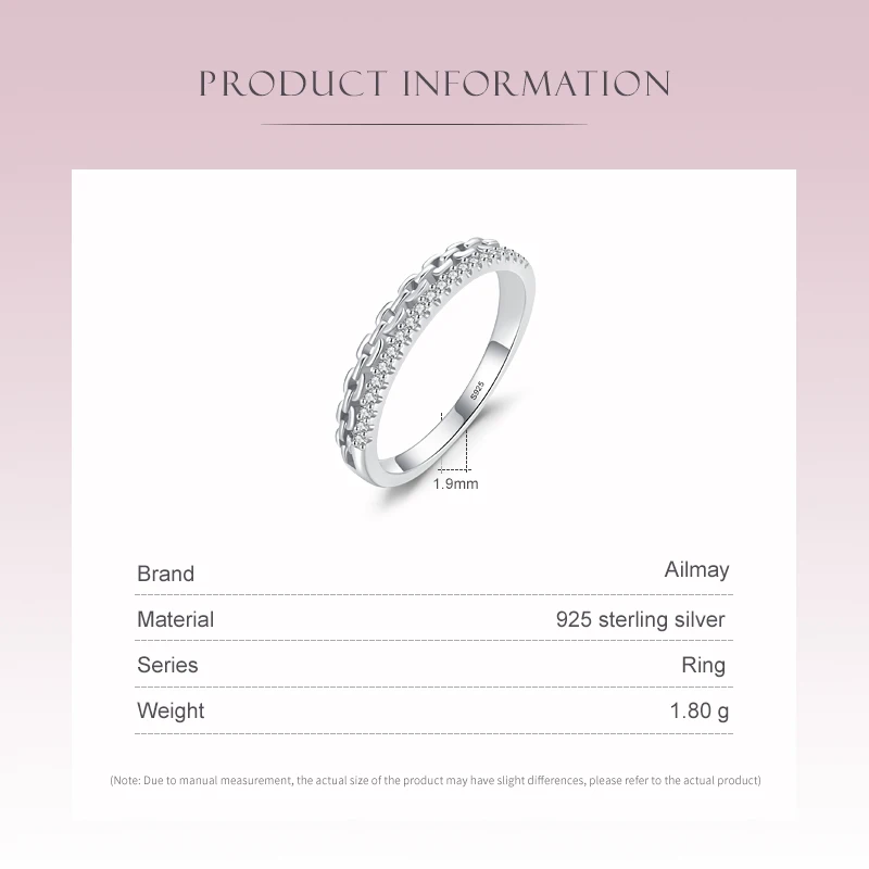 Ailmay Fashion 925 Sterling Silver Dazzling Zircon Chain Shape Stackable Finger Ring For Women Girls Party Accessories Jewelry