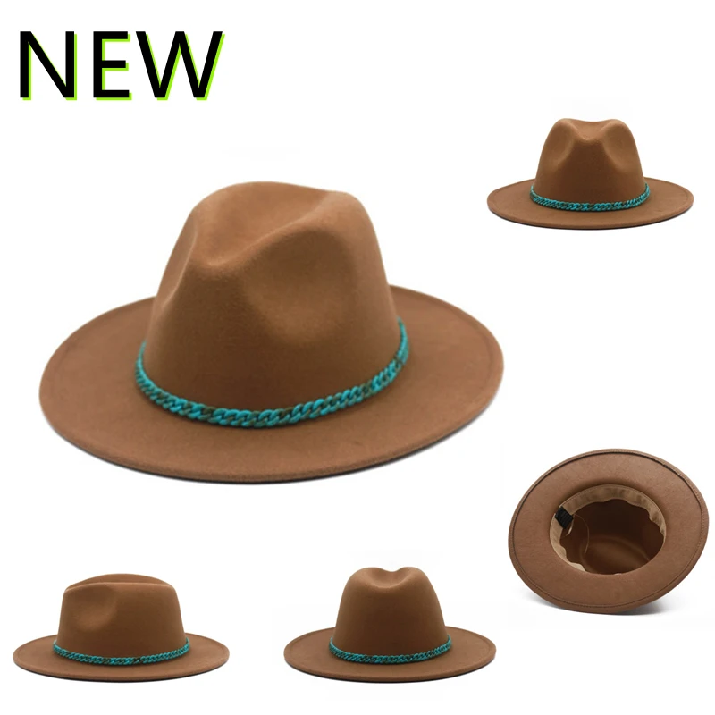 New turquoise chain woolen hat women's wide-brimmed fedora felt hat autumn and winter men's Panama jazz hat