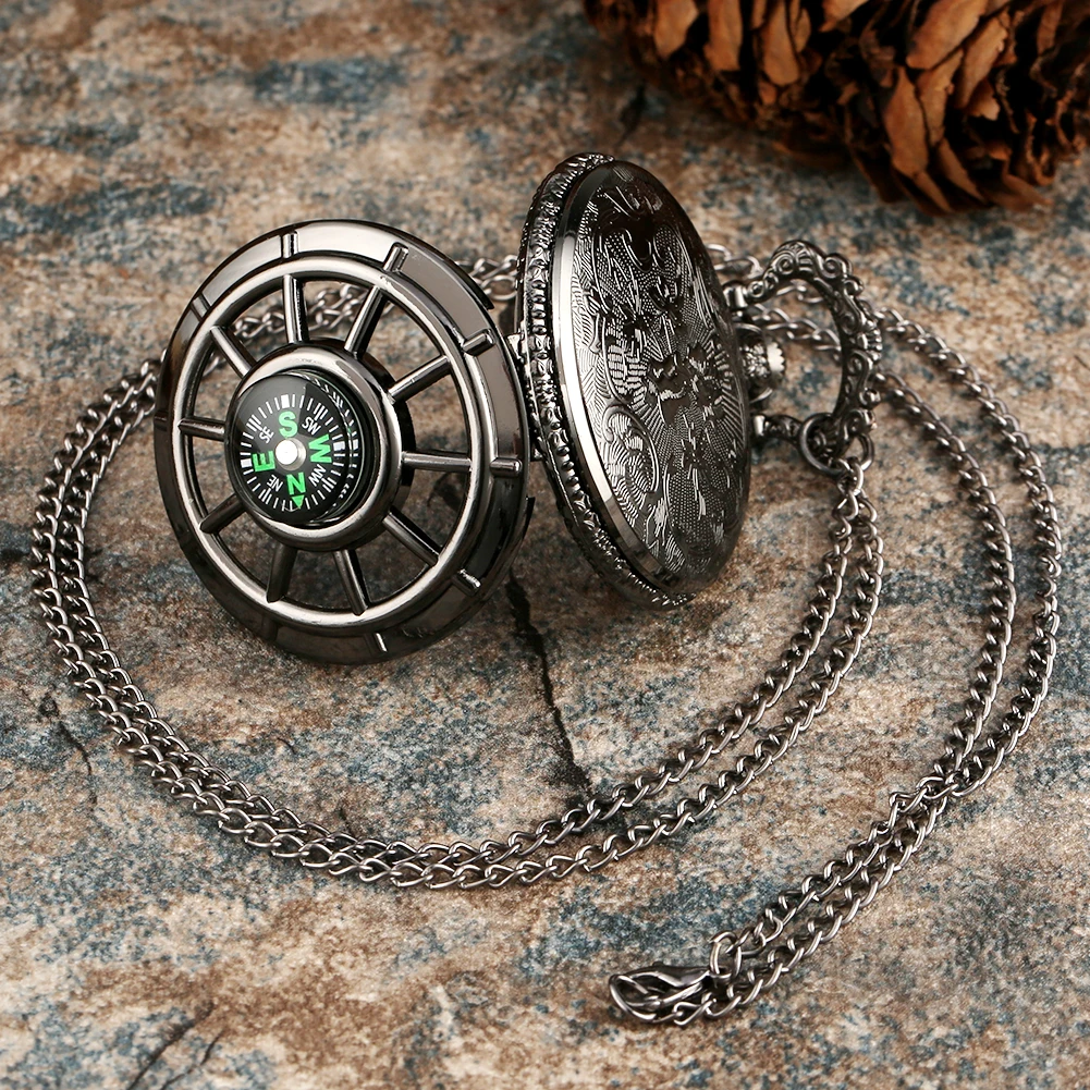 Fashion Black Silver Quartz Pocket Watch with Compass Starry Sky Clock Steampunk Fob Necklace Pendant Watches Chain Gift Unisex