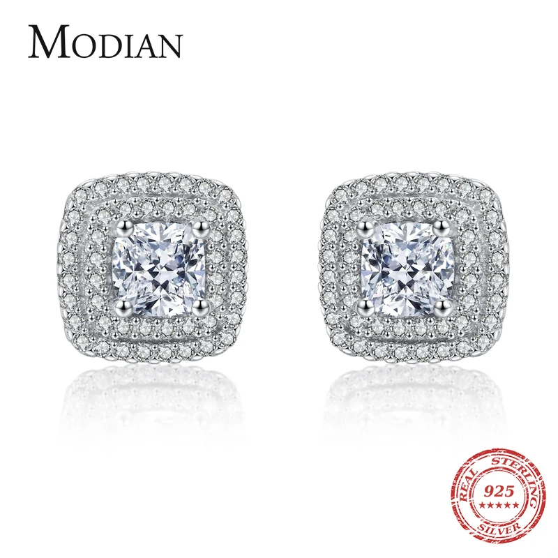 Modian Classic Square Luxury Wedding Stud Earrings Real 925 Sterling Silver Clear CZ Earring For Women Engagement Fine Jewelry