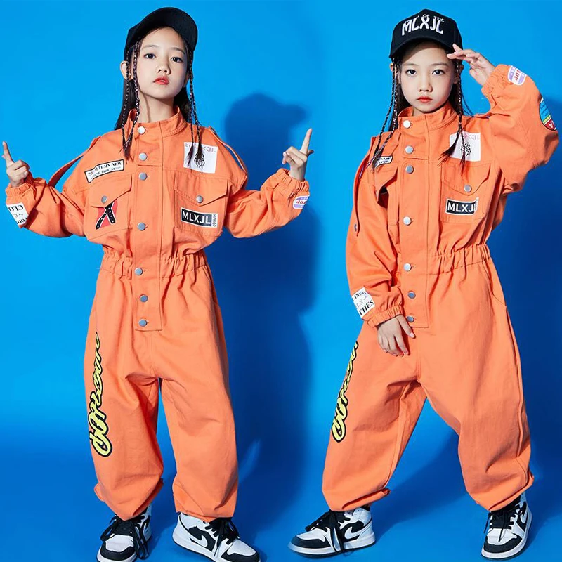 Kids Cool Short Sleeve Hip Hop Clothing orange  Jumpsuit Overalls for Girls Boys Jazz Dance Costume Ballroom Dancing Clothes