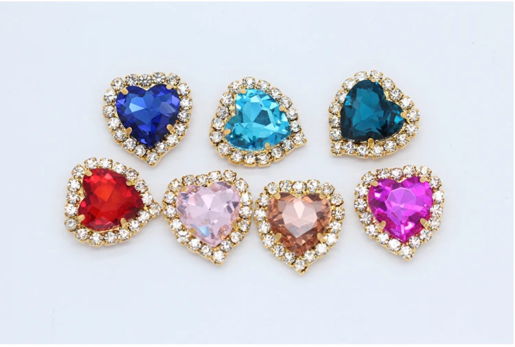 8/10/12/18 color heart shape crystal glass stone sew on flatback rhinestone chain trim Gold setting Craft clothes jewelry making