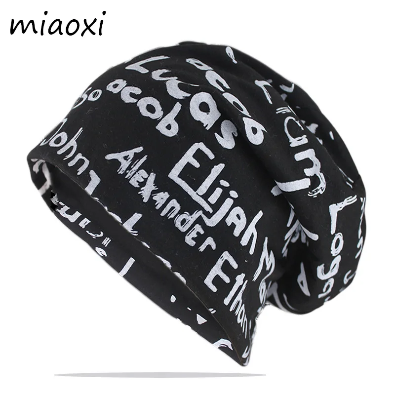 Women's Beanie Hat Spring Cotton Print Letter Hats for Men Autumn Bonnet Fashion Hip Hop Skullies Beanies Black Unisex Gorras