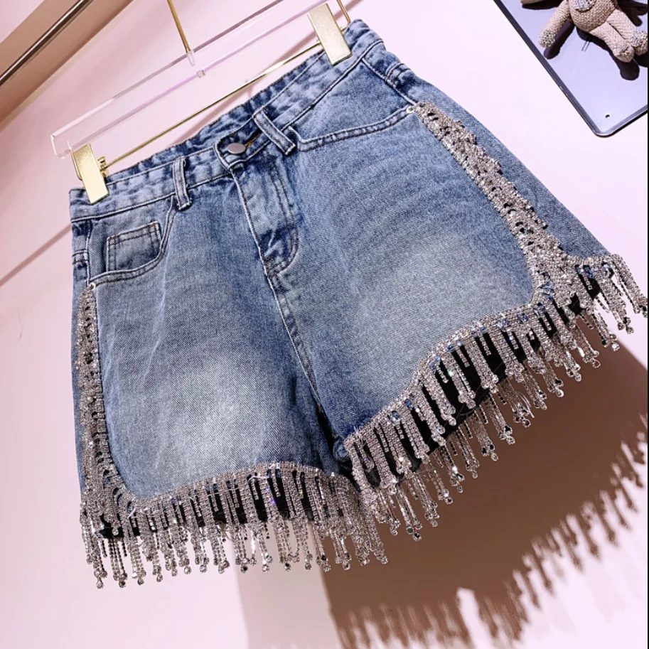 Rhinestone Tassel denim shorts women high waist wide leg jeans shorts