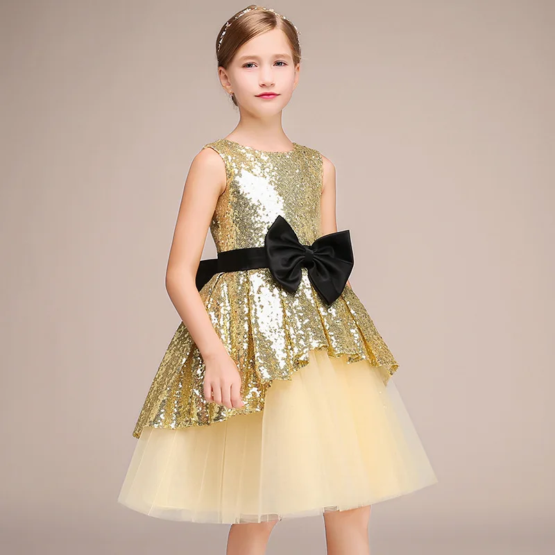 Dideyttawl Kids Girl Party Formal Dresses Short Gold Sequins Birthday Princess Gowns Knee Length Flower Girl Dresses For Wedding