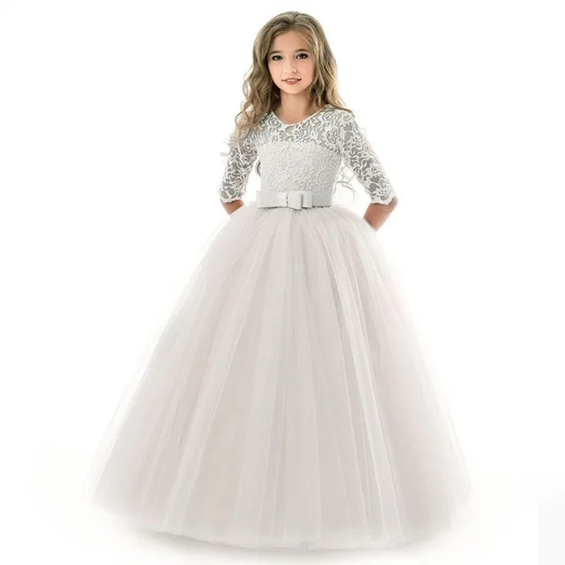 Long Sleeve White Lace Bridesmaid Dresses For Girls Children Formal Evening Gown Elegant Kids Girl Birthday Wedding Party Dress