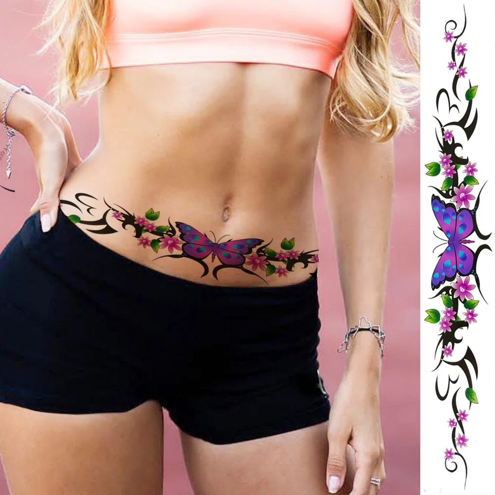 Flower Butterfly Temporary Tattoos For Women Adults Sexy Body Art Tattoo Fake Sexy Throns Vine Waist Line Art Tatoos For Holiday