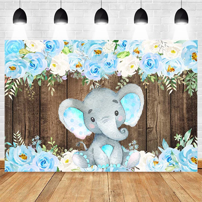 Mocsicka Baby Shower Photography Background Elephant Wooden Board Flower Decoration Props Child Portrait Photo Backdrop Banner