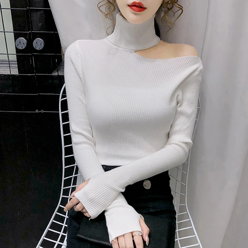 2024 Autumn Winter Thick Sweater Women Knitted Ribbed Pullover Sweater Off Shoulder Turtleneck Slim Jumper Soft Warm Pull Femme