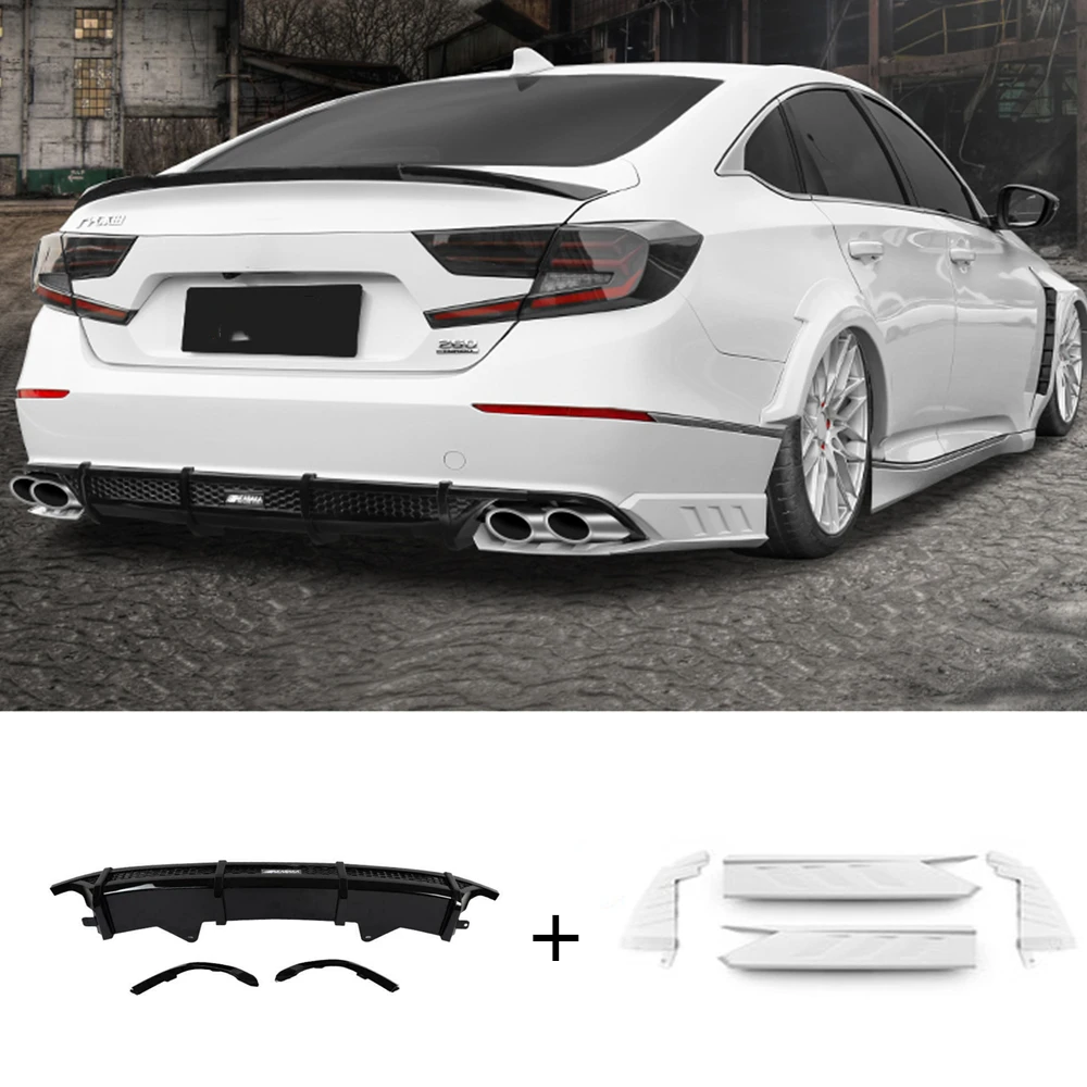 For Honda Accord 2018-2020 10th White Car Lower Splitter Side Guard Plate Spoiler Corner Cover Trim+Rear Bumper Diffuer Lip