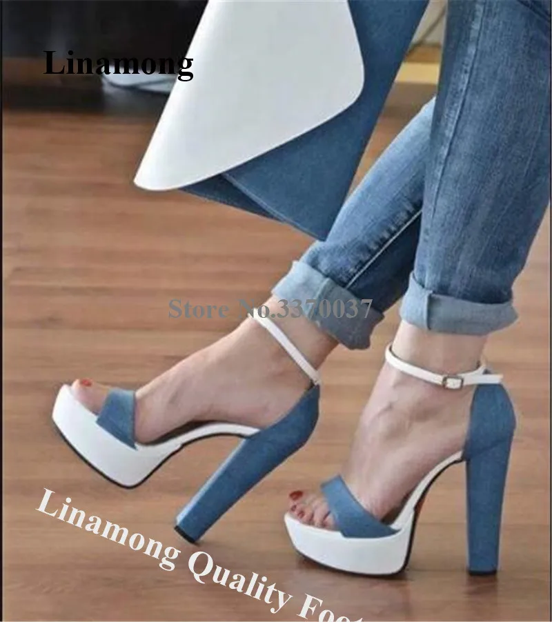 

Linamong New Fashion Women Open Toe Patchwork High Platform Chunky Heel Sandals Blue-White Mixed-colors Thick High Heel Sandals