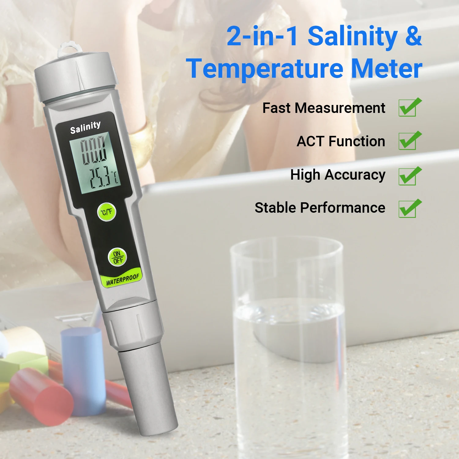 Salinometer Waterproof Salinity Test Pen 2-in-1 Salinity & Temperature Meter Portable Salinity Meter Salimeter Pen Type