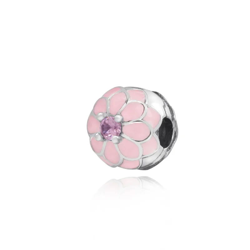 

Lady Gift Fashion Jewelry 925 Sterling Silver Beads Fit Original Pandora Bracelets Pink Flower Charm DIY Women Style