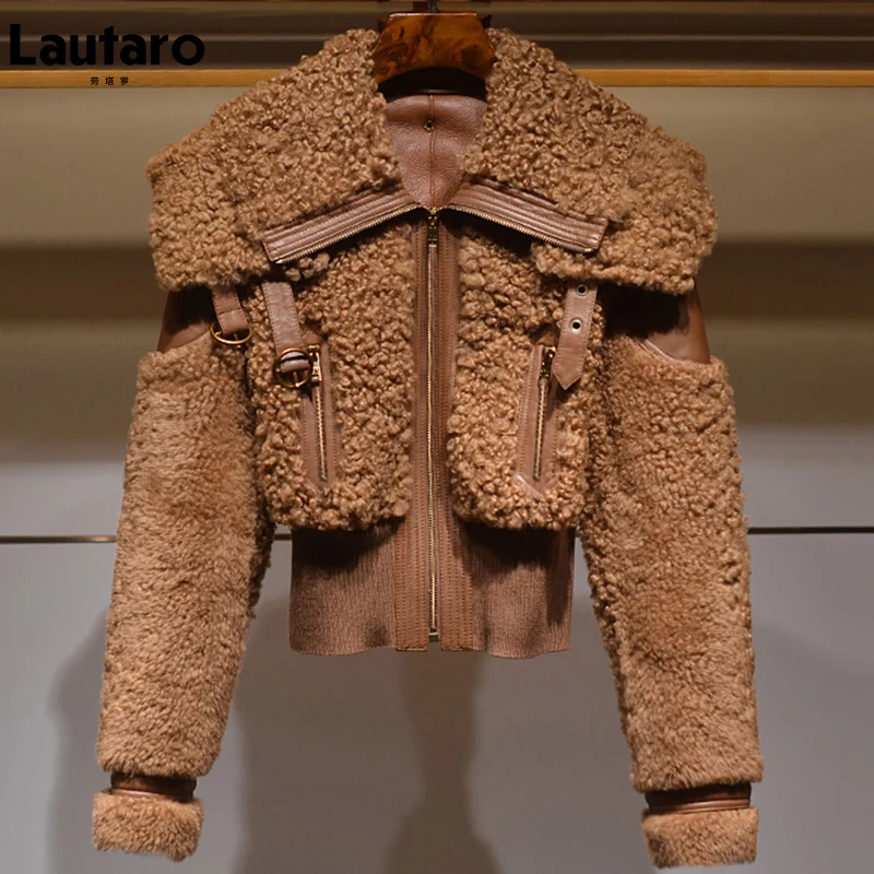 Lautaro Zimowy Ciepły Gruby Patchwork Płaszcz ze Sztucznego Futra Damski Długi Rękaw Zamek błyskawiczny Kołnierz Stylowa Puszysta Kurtka Moda 2021.