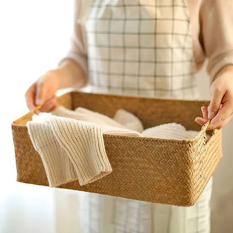 Woven Wicker Basket Seaweed Storage Baskets Rattan Basket Organizer with handle sundries storage boxes Panier De Rangement