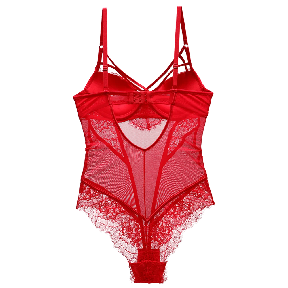 Bodysuit Women Push Up Red Strappy Cup Eyelash Lace Floral Pattern Padded Underwire Lingerie Women Shapewear High Quality